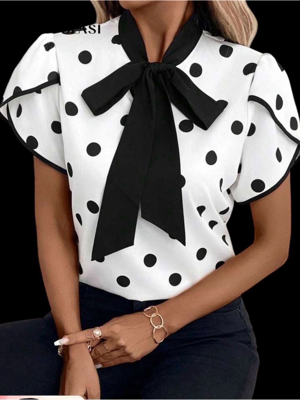 Polka Dot Bow-Tie Short Sleeve Blouse - Black & White